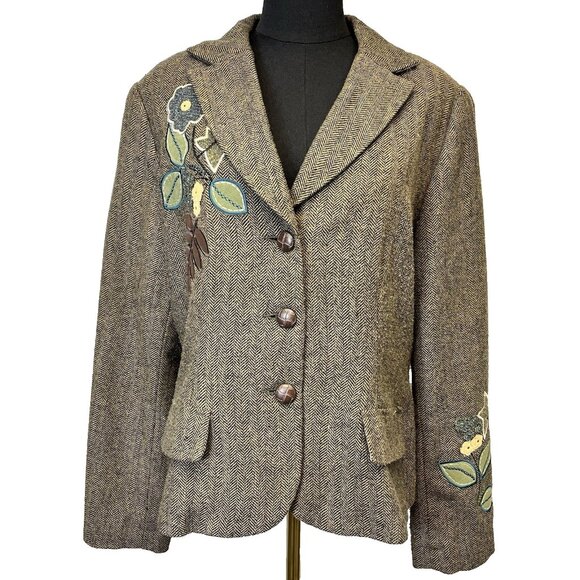 Vintage Dressbarn Wool Blend Blazer‎ Size 16 Brown Herringbone Floral Applique - Picture 1 of 9